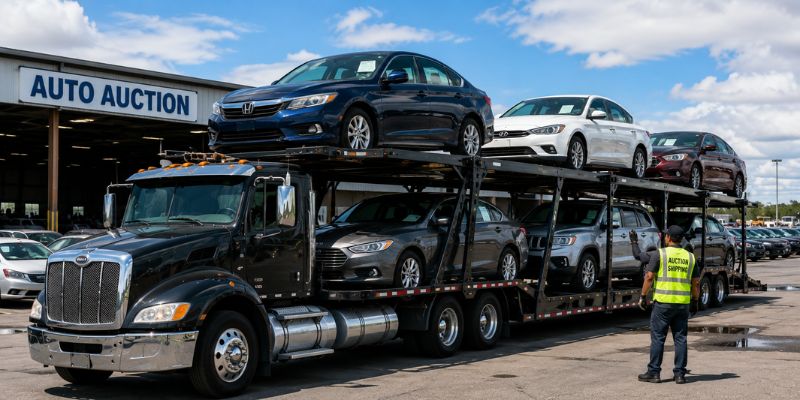 Auto transport carrier picking up auction vehicles for coordinated vehicle shipping and delivery