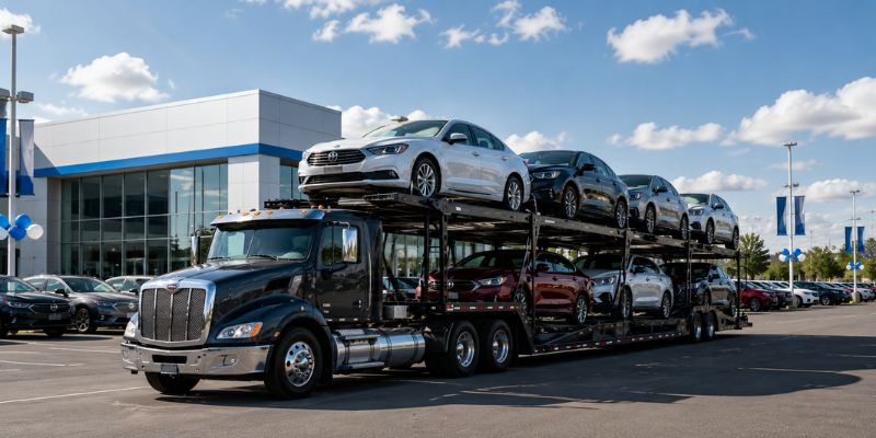 Car carrier truck transporting dealership vehicles for inventory transfers and customer deliveries