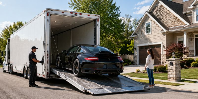 Door-to-door auto transport pickup with a vehicle being loaded onto an enclosed carrier near a residential home