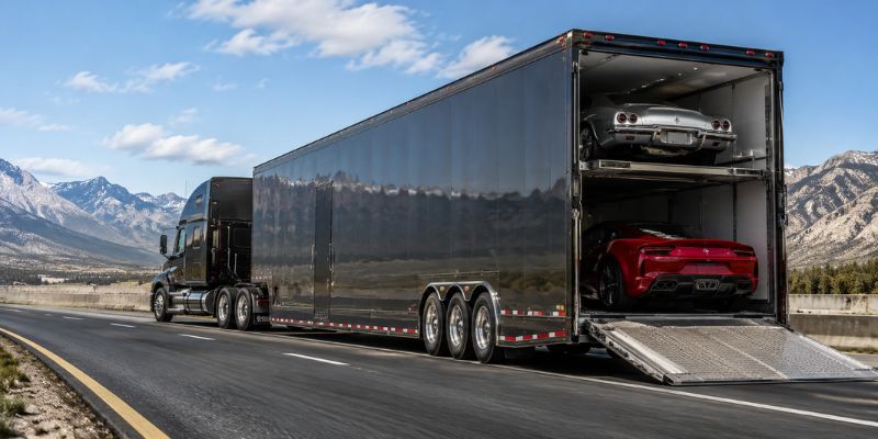 Enclosed auto transport trailer carrying luxury and classic vehicles for protected vehicle shipping