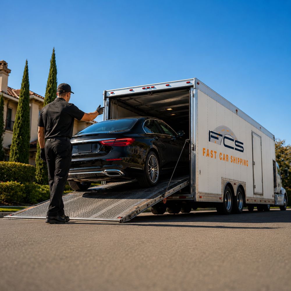 Professional auto transport worker guiding a luxury sedan into an enclosed car carrier trailer on a suburban street