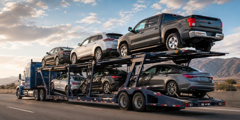 Open auto transport carrier hauling cars, SUVs, and a pickup truck on a highway