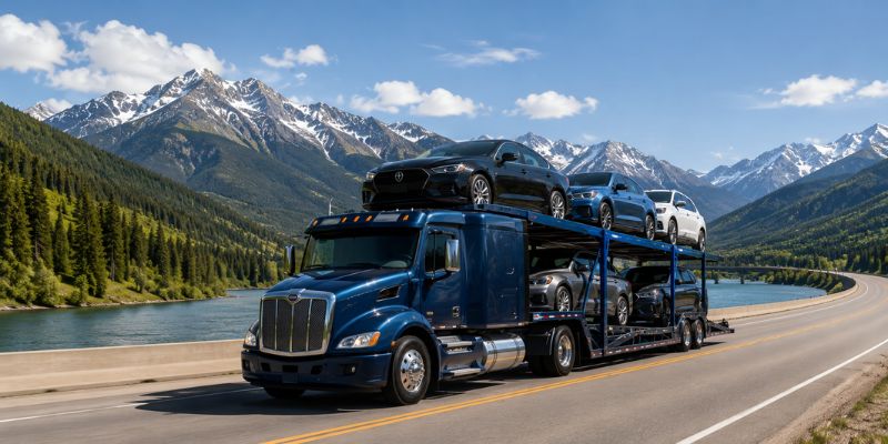 State-to-state car shipping carrier transporting multiple vehicles across a scenic highway landscape